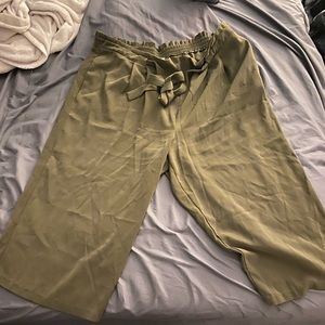 Cropped khaki green pants with tie belt